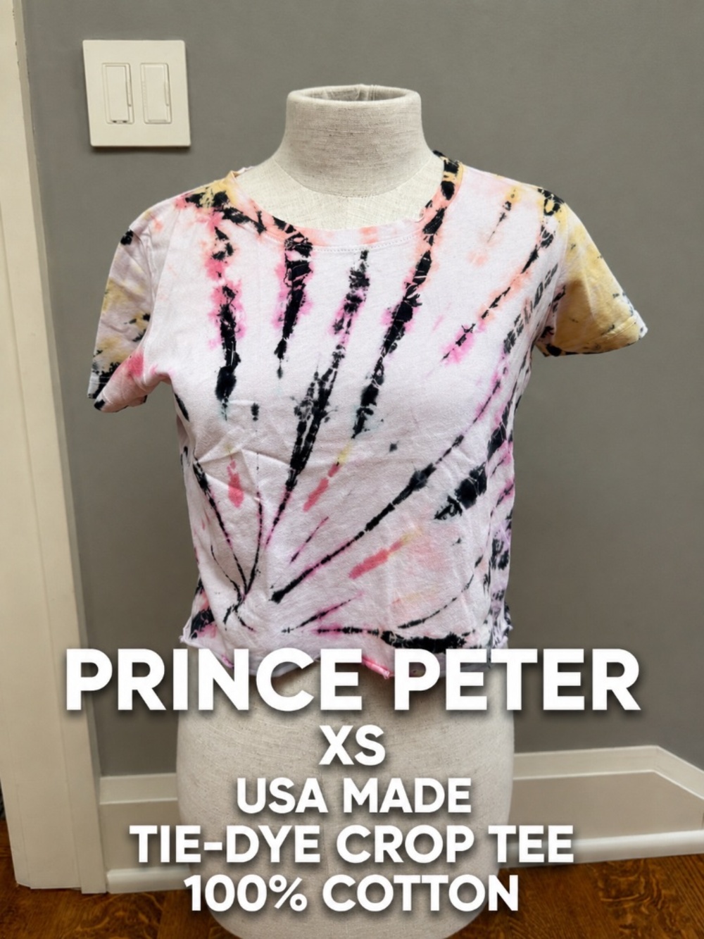 Prince Peter Collection Tie-Dye Crop Tee XS Pink Black USA Made 100% Cotton Raw